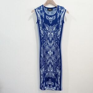 NK32 By Naeem Khan Metallic Knit Blue & White Damask Print Midi Dress -  XS